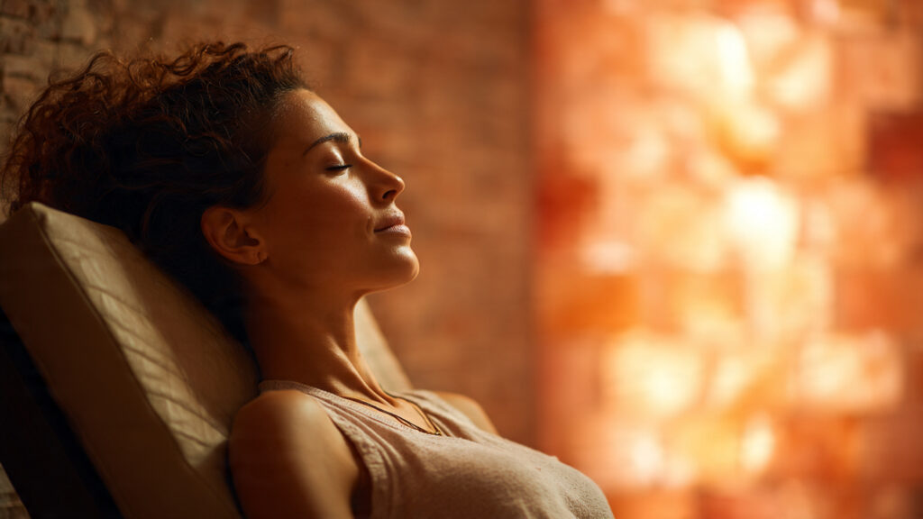 woman relaxing inside himalayan salt therapy-room